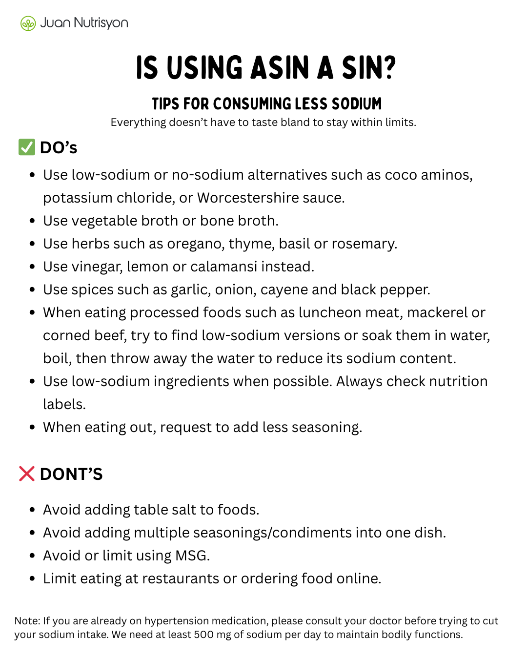 Tips checklist for consuming less sodium